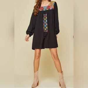 Savanna Jane Floral Embroidered Mini Tunic Long Sleeves Dress Size S Boho
